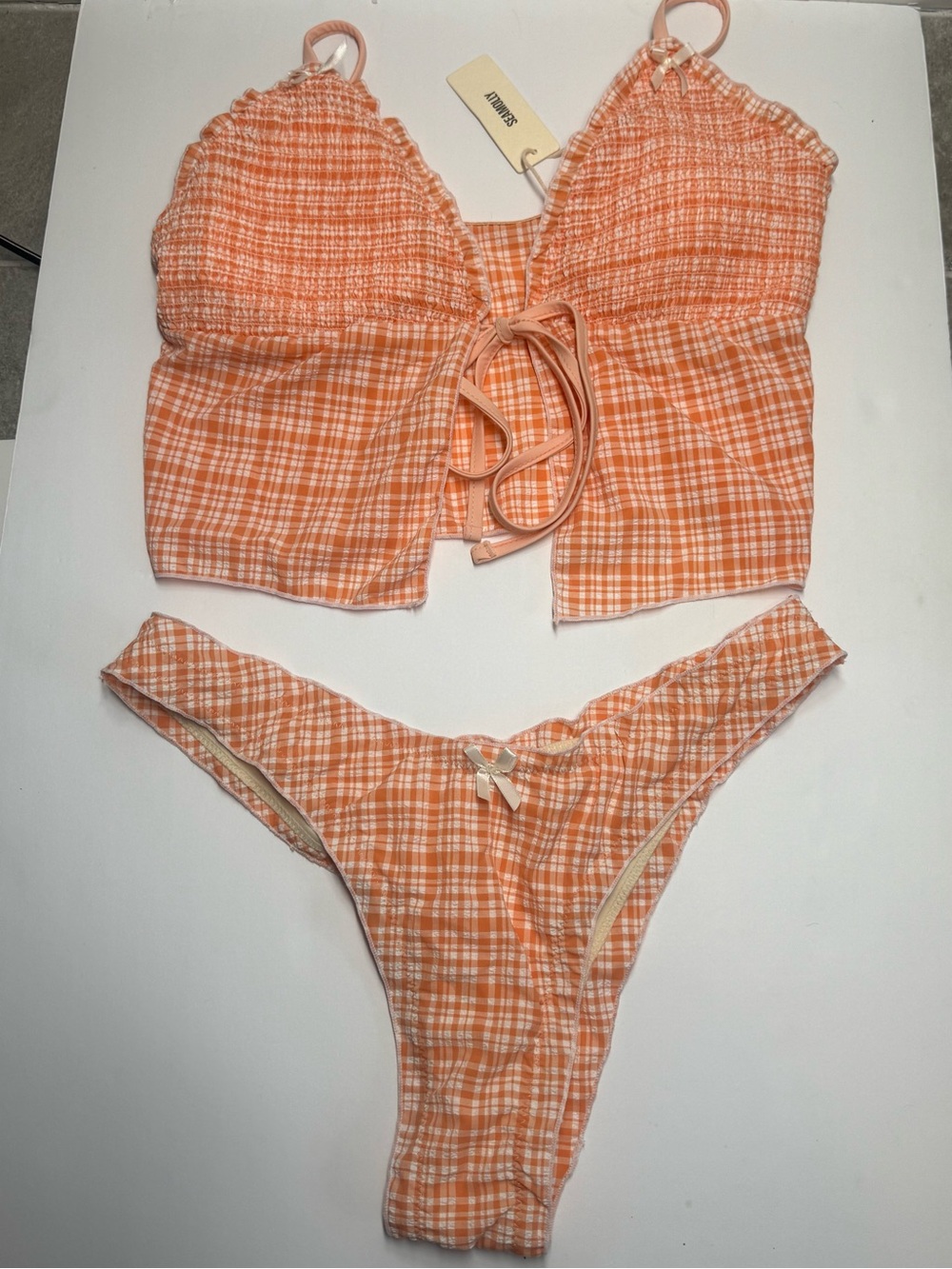 SeaMolly Orange Gingham Tie-Front Tankini Bikini Set